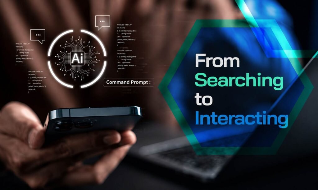 Graphic showing the concept of AI transforming search from searching to interacting
