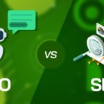 Comparison between GEO and SEO concepts with AI assistant and search optimization elements