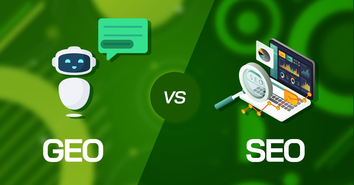 Comparison between GEO and SEO concepts with AI assistant and search optimization elements