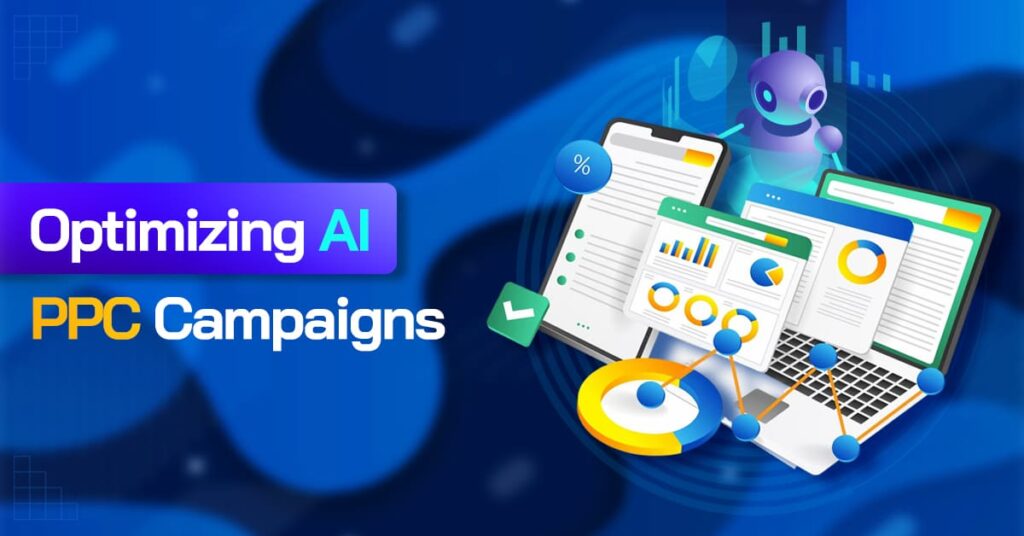 Illustration showing AI tools optimizing PPC campaigns