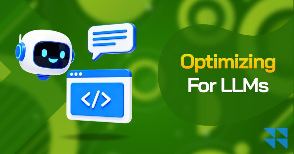 Graphic showing content optimization for LLMs with AI assistant and coding elements