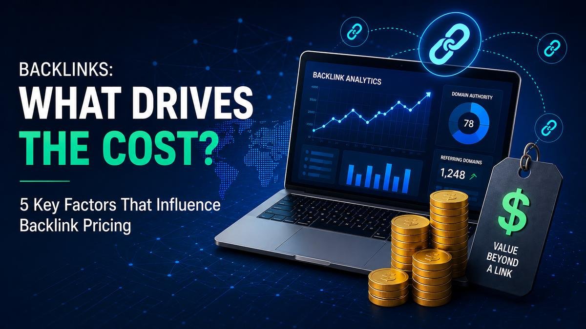 Backlink pricing illustrated with SEO analytics, link metrics and cost indicators