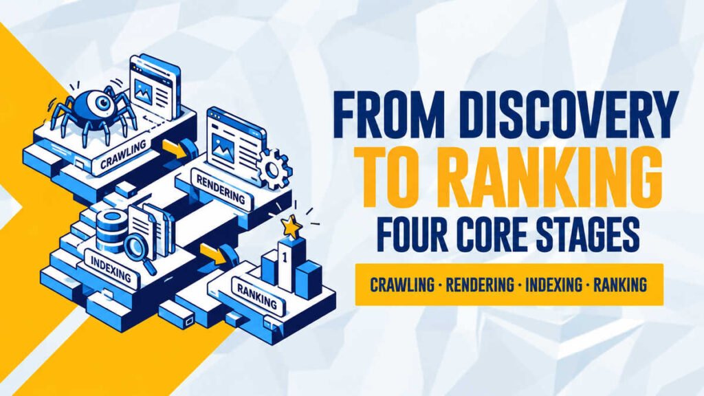Illustration showing crawling, rendering, indexing and ranking as the four core search