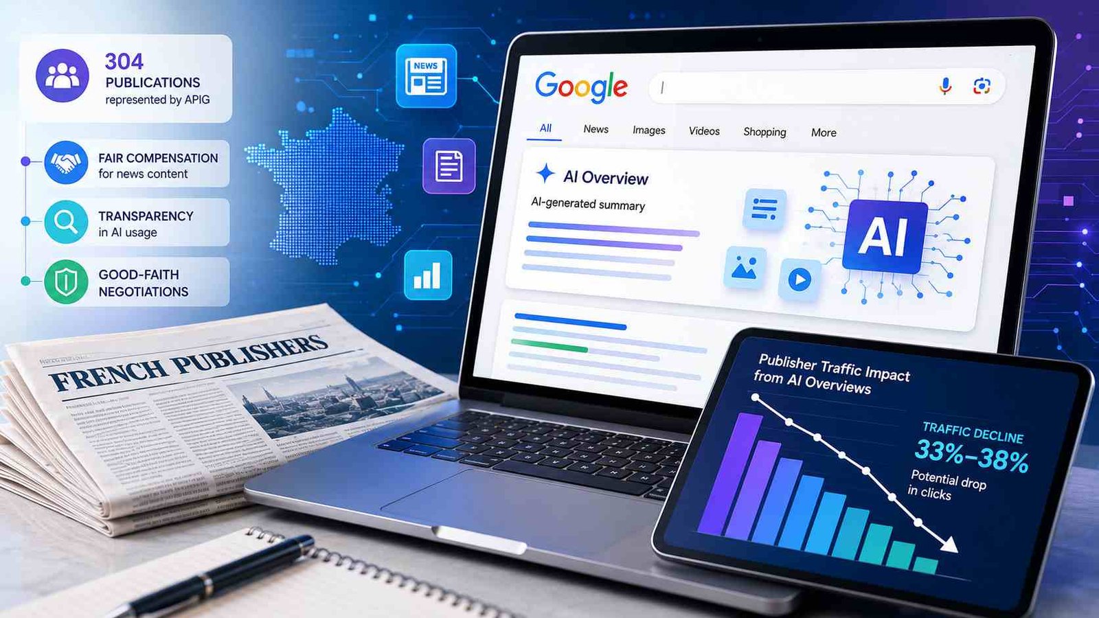 Google AI Overviews and French publishers amid concerns over compensation and declining search traffic