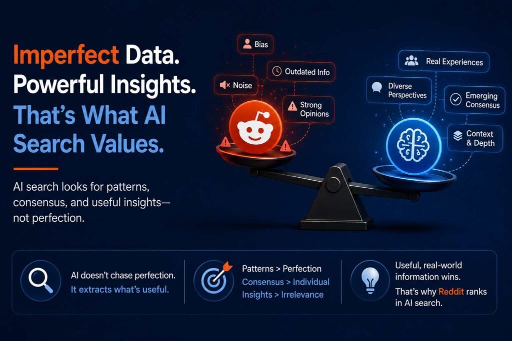 Illustration showing how AI search identifies patterns and consensus from Reddit discussions