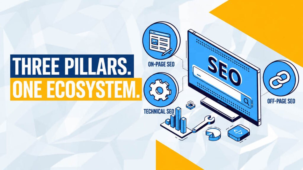 Graphic showing on-page, off-page and technical SEO as three interconnected pillars