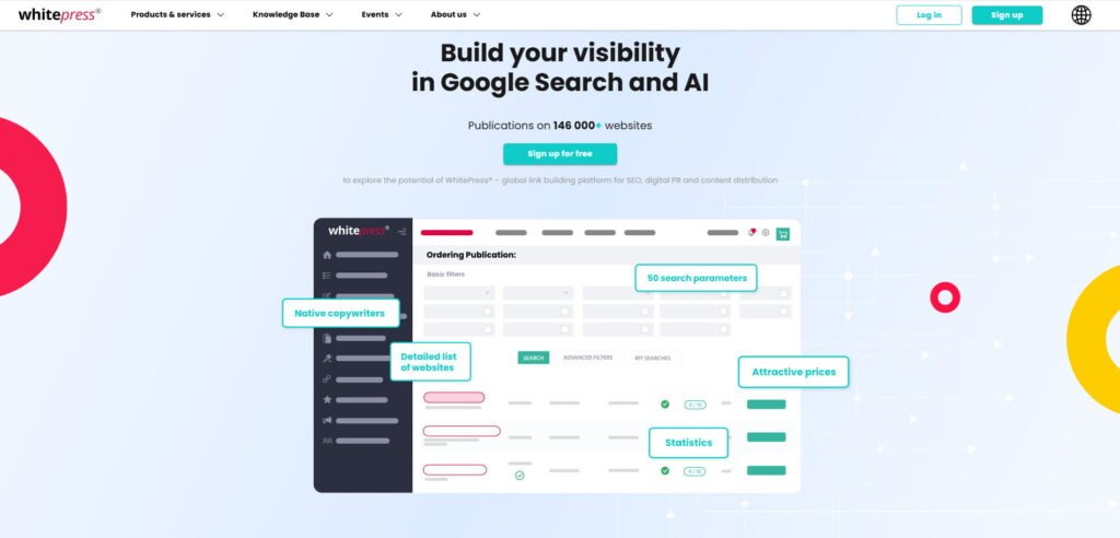 Graphic showing the WhitePress link-building platform and its publisher marketplace features