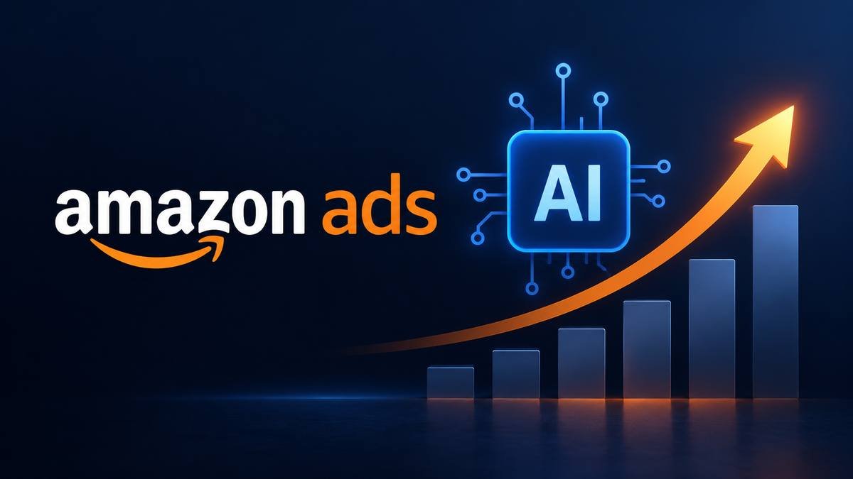 Visual showing Amazon Ads with AI technology and an upward growth chart representing AI-powered campaign optimization.