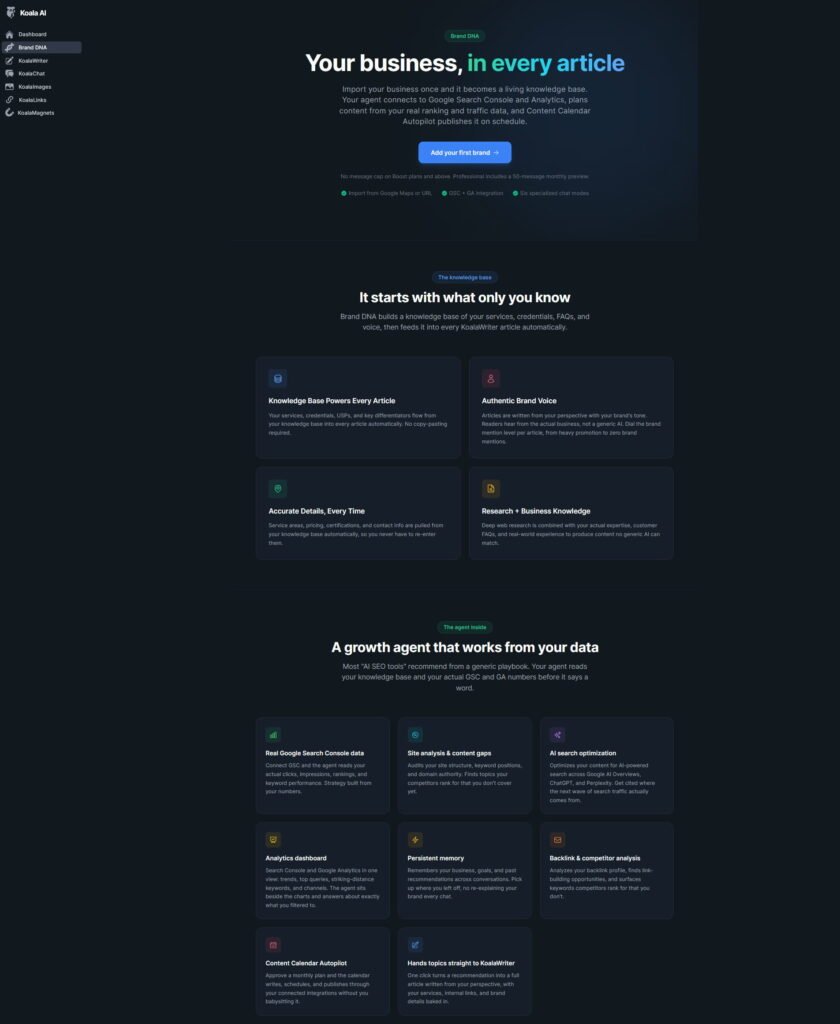 Koala AI Brand DNA dashboard showing its knowledge base, brand voice and AI SEO growth agent features.