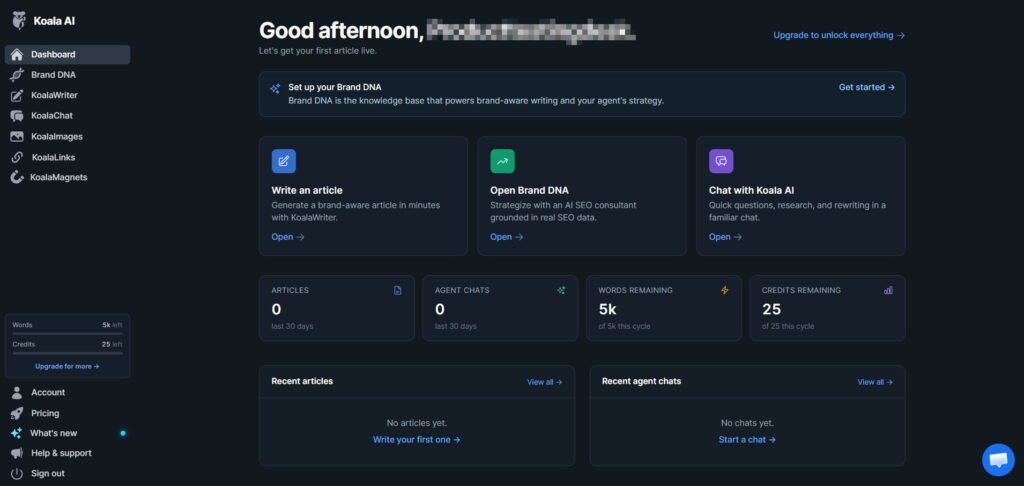 Koala AI dashboard showing KoalaWriter, Brand DNA, KoalaChat and other AI content and SEO tools.