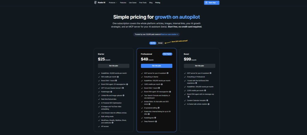 Koala AI pricing page showing the Starter, Professional and Boost subscription plans and their included features.