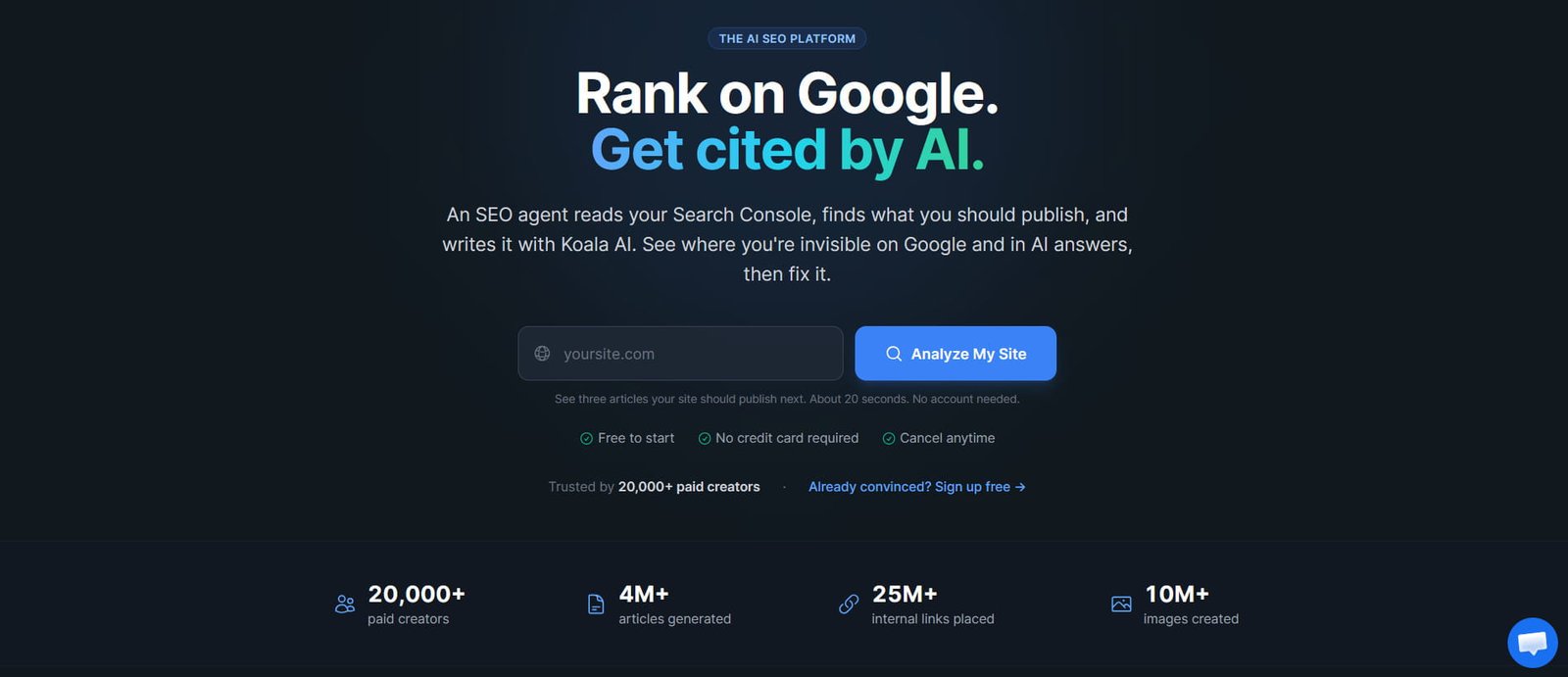 Koala AI SEO platform homepage showing tools for ranking on Google and getting cited in AI answers.