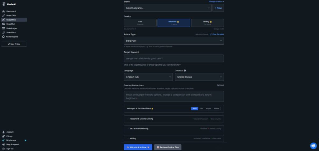 Koala AI dashboard showing KoalaWriter, Brand DNA, KoalaChat and other AI content and SEO tools.