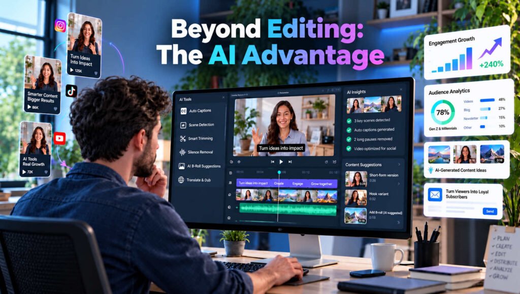 AI-powered video editing workspace showing automated editing tools, social media content creation, audience analytics, and engagement tracking for content marketing.