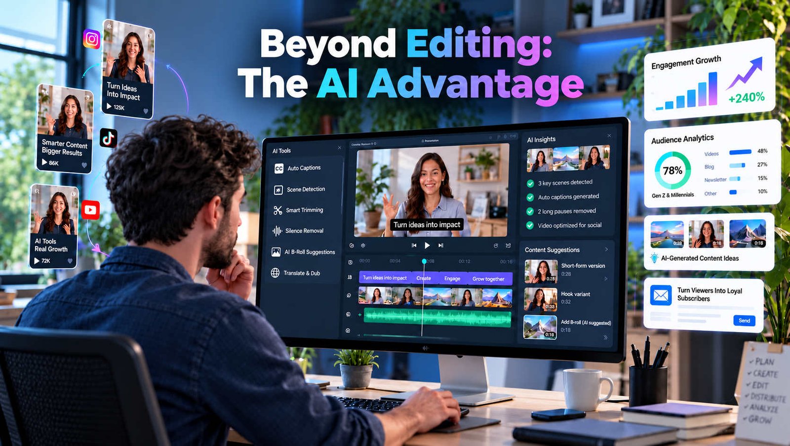 AI-powered video editing workspace showing automated editing tools, social media content creation, audience analytics, and engagement tracking for content marketing.