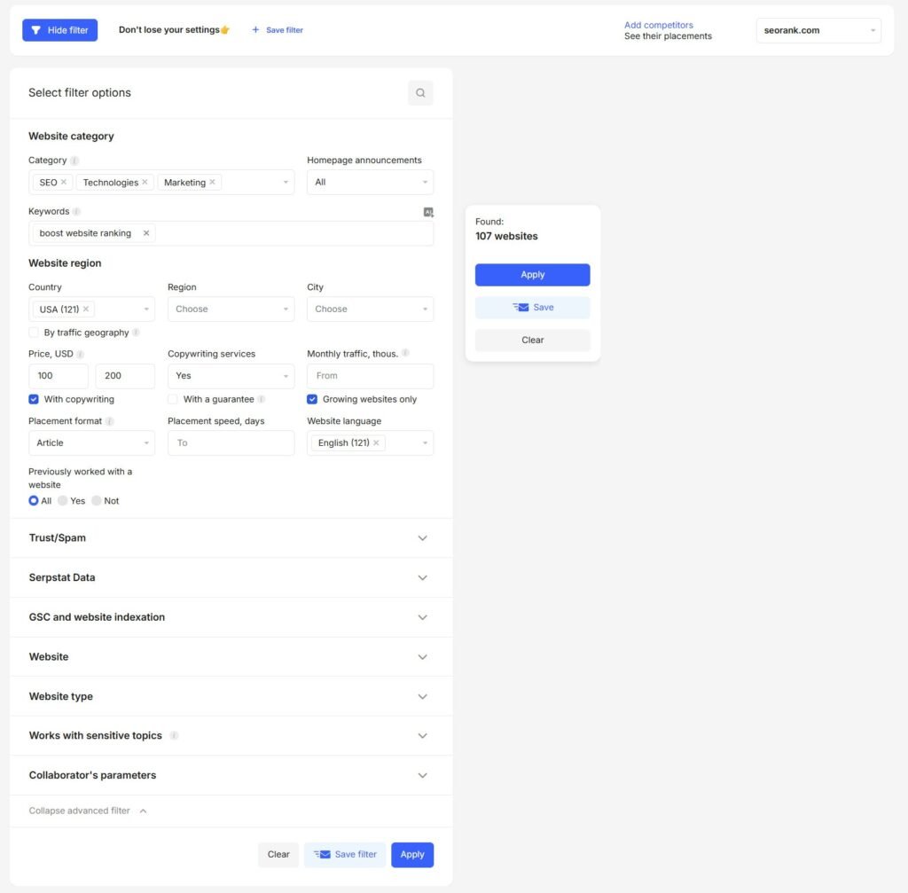 Collaborator advanced filters for narrowing publishers by category, keyword, country, price and other criteria