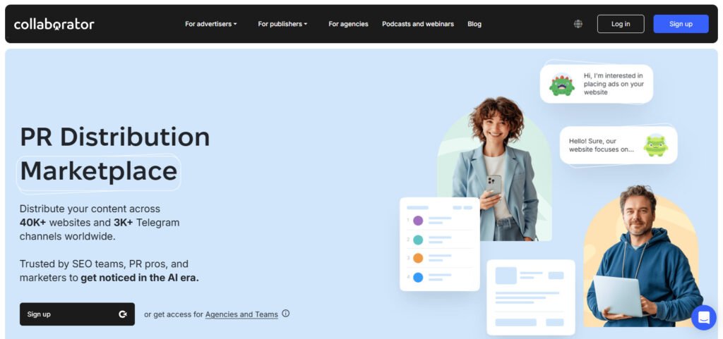 Collaborator PR distribution marketplace homepage for advertisers and publishers