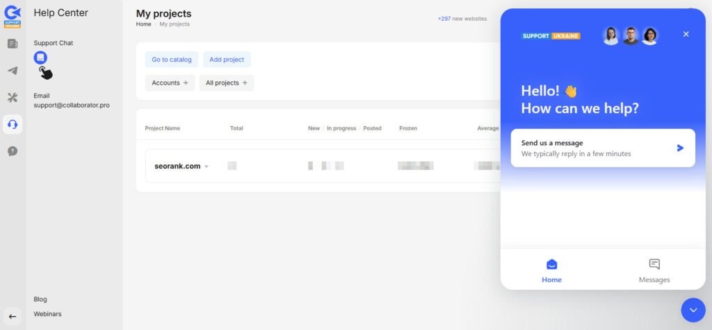 Collaborator live support chat available directly inside the platform