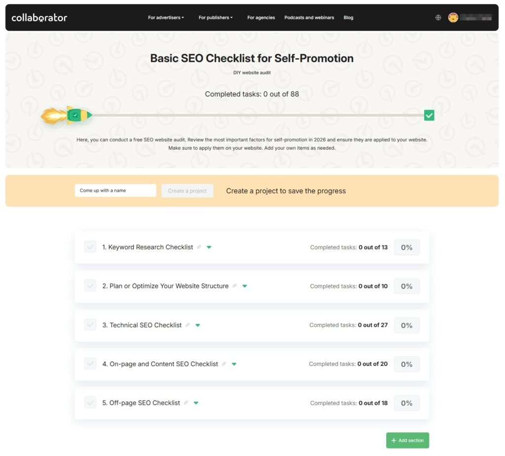 Collaborator free SEO checklist with 88 tasks covering five areas of website optimization