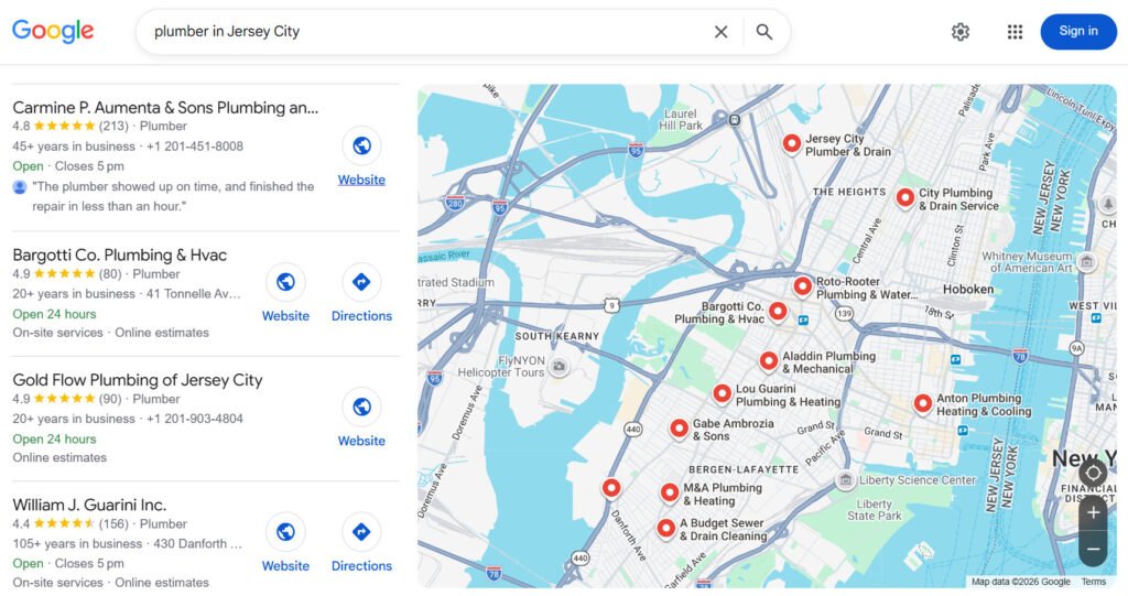 Google search results for plumbers in Jersey City showing local business listings, customer ratings and locations on Google Maps.