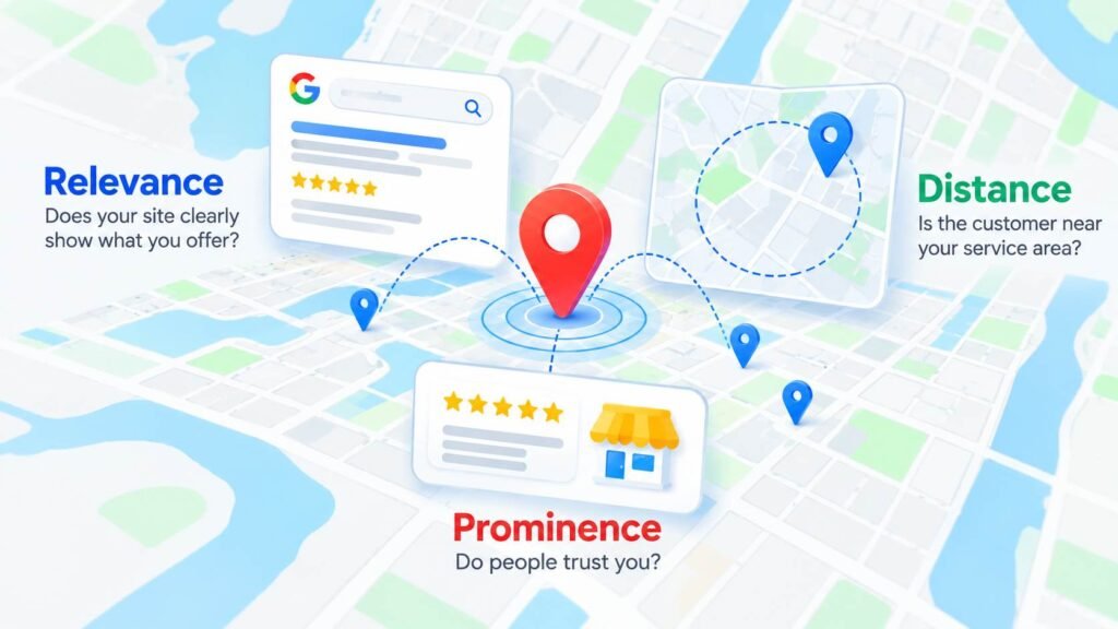 Illustration of Google's three main local search ranking factors: relevance, distance and prominence, represented by business listings, map pins and customer reviews.