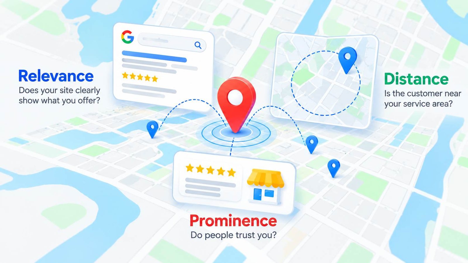 Illustration of Google's three main local search ranking factors: relevance, distance and prominence, represented by business listings, map pins and customer reviews.