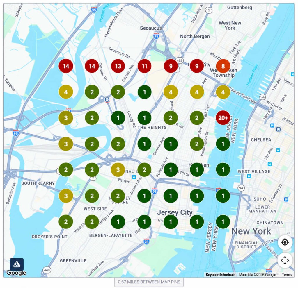 Local SEO ranking grid showing how a business's Google Maps rankings vary across different locations in Jersey City.
